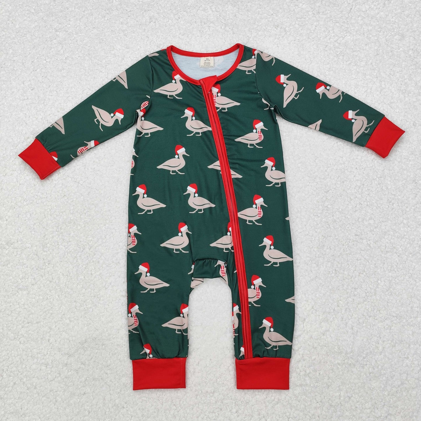 LR1861 Duck Green Print Baby Boys Christmas Bamboo Sleeper Zipper Romper