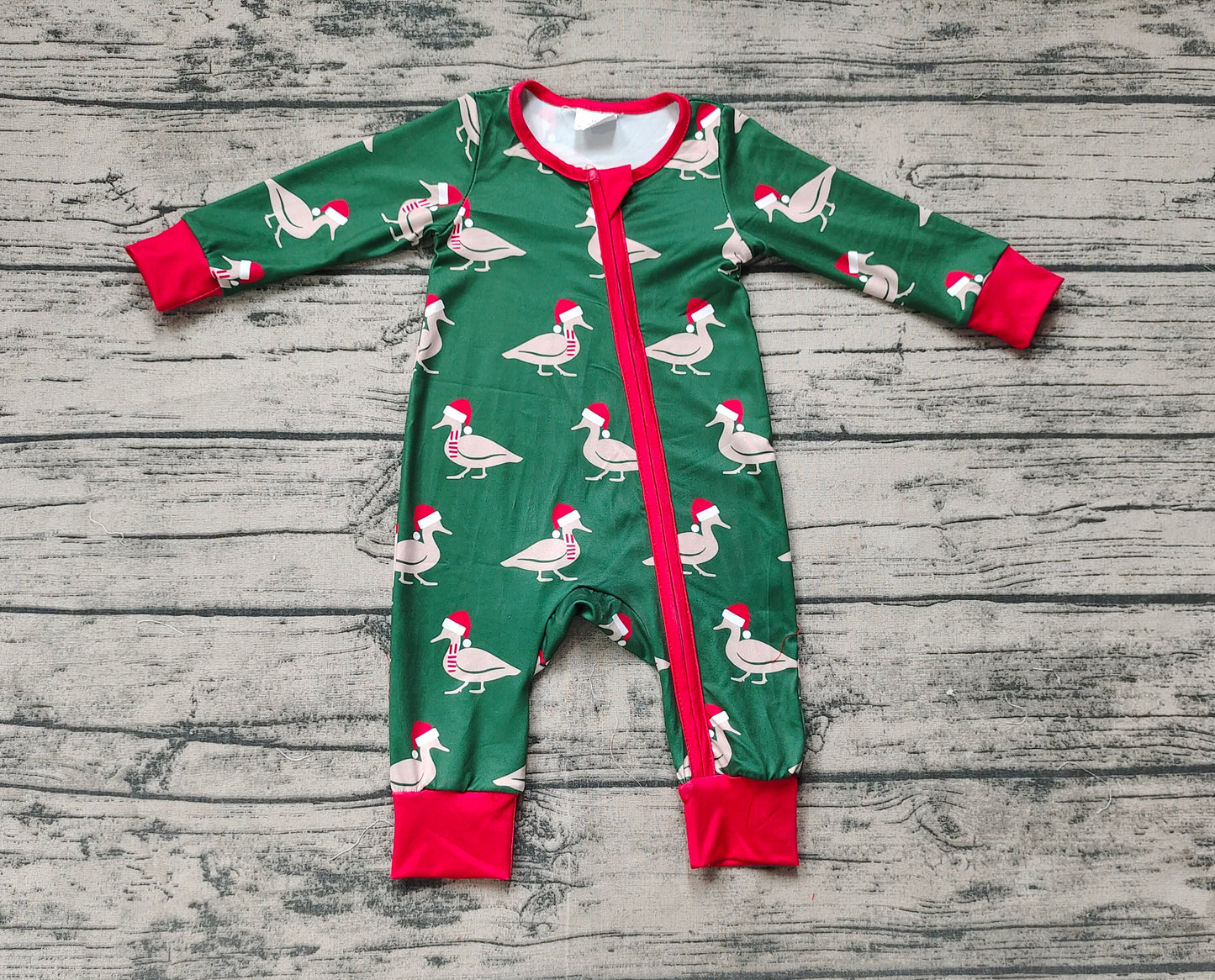 (Pre-order)LR1861 Duck Green Print Baby Boys Christmas Sleeper Zipper Romper