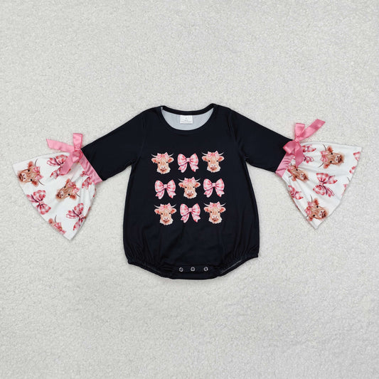 LR1871  Highland Cow Bows Print Baby Girls Fall Western Romper