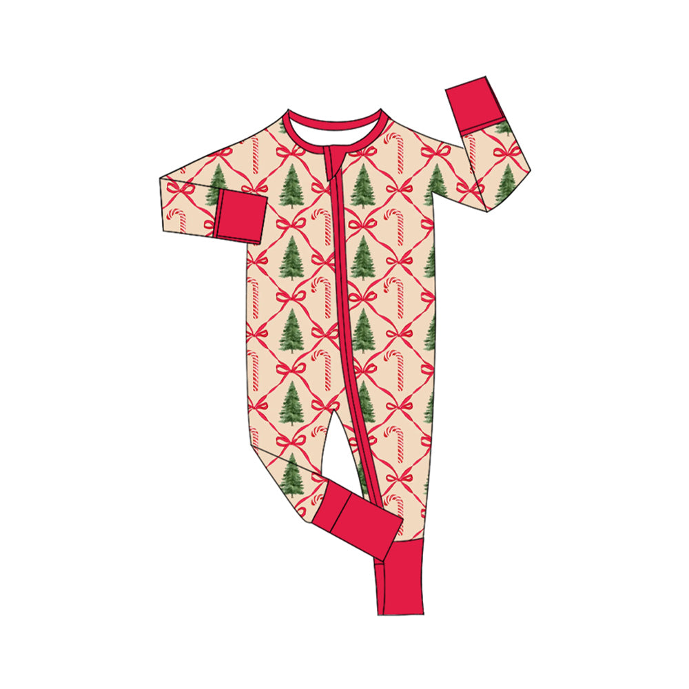 (Pre-order)LR1872 Candy Cane Tree Print Baby Girls Christmas Sleeper Zipper Romper