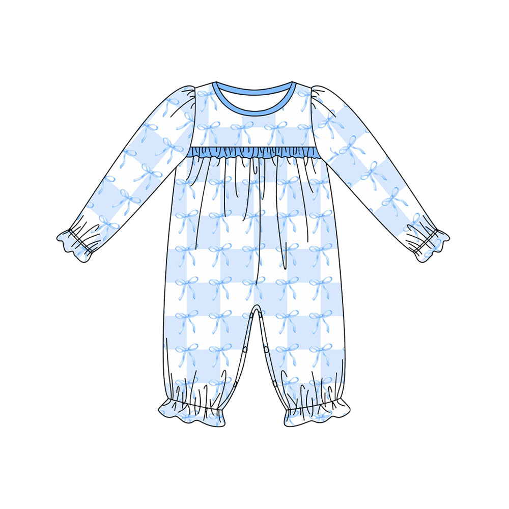 (Pre-order)LR1877 Blue Bows Plaid Print Baby Girls Fall Romper