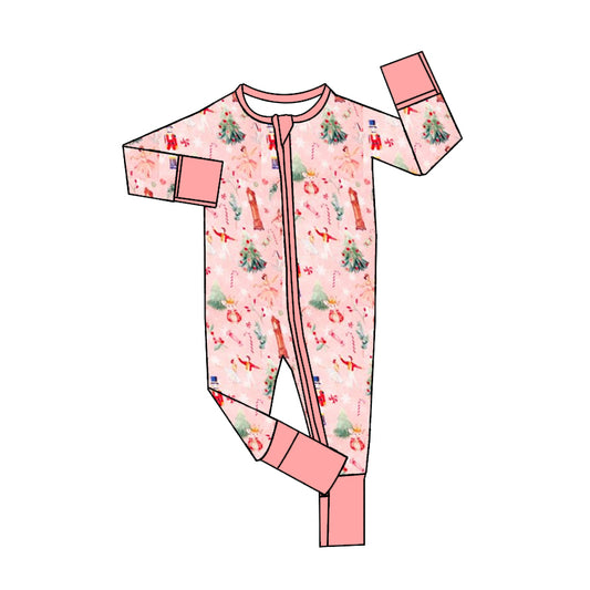 (Pre-order)LR1878 Nutcracker Pink Print Baby Girls Christmas Sleeper Zipper Romper