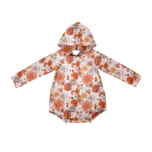 (Pre-order)LR1883 Orange Flowers Print Baby Girls Fall Hoodie Romper