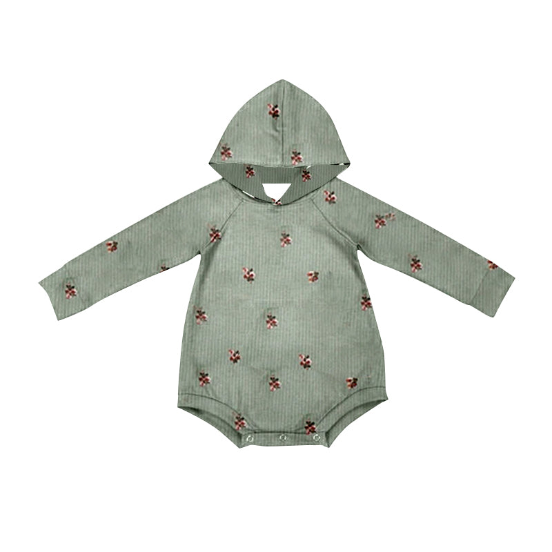 (Pre-order)LR1884 Green Flowers Print Baby Girls Fall Hoodie Romper