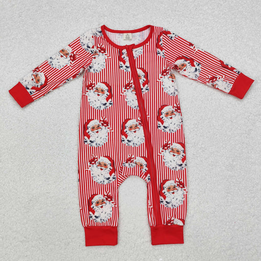 LR1891 Santa Red Stripes Print Baby Christmas Bamboo Sleeper Zipper Romper