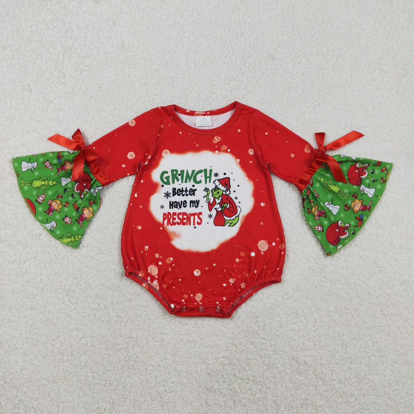 LR1893 Green Frog Red Print Baby Girls Christmas Romper