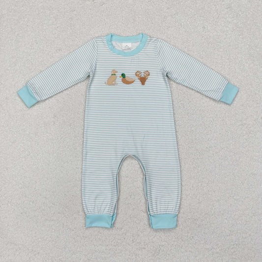 LR1895 Dog Duck Deer Embroidery Blue Stripes Print Baby Boys Fall Hunting Romper