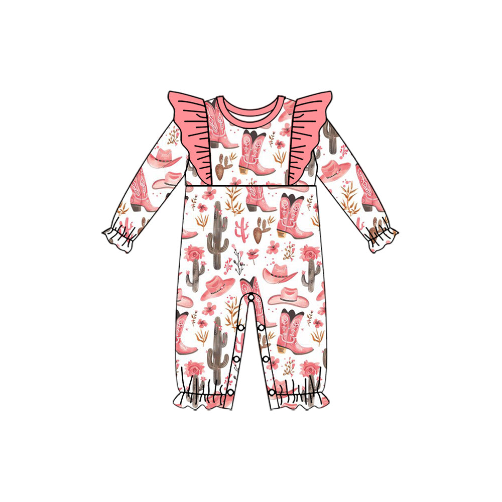 (Pre-order)LR1900 Pink Flowers Boots Cactus Hat Print Baby Girls Romper