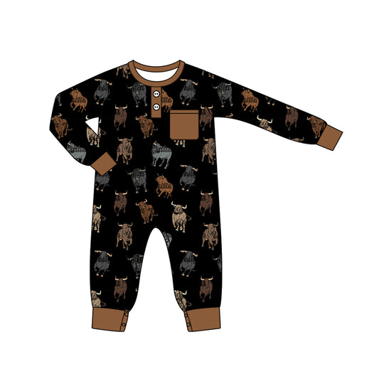 (Pre-order)LR1902 Cows Brown Print Baby Boys Fall Western Romper