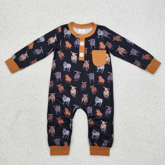 LR1902 Cows Brown Print Baby Boys Fall Western Romper