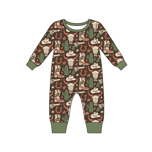 (Pre-order)LR1903 Skull Cactus Hat Boots Print Baby Boys Fall Western Romper