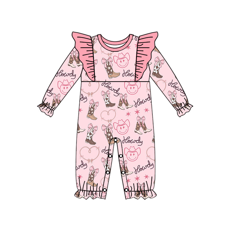 (Pre-order)LR1904 Howdy Boots Cowboy Print Baby Girls Fall Romper