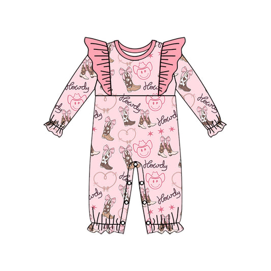 (Pre-order)LR1904 Howdy Boots Cowboy Print Baby Girls Fall Romper