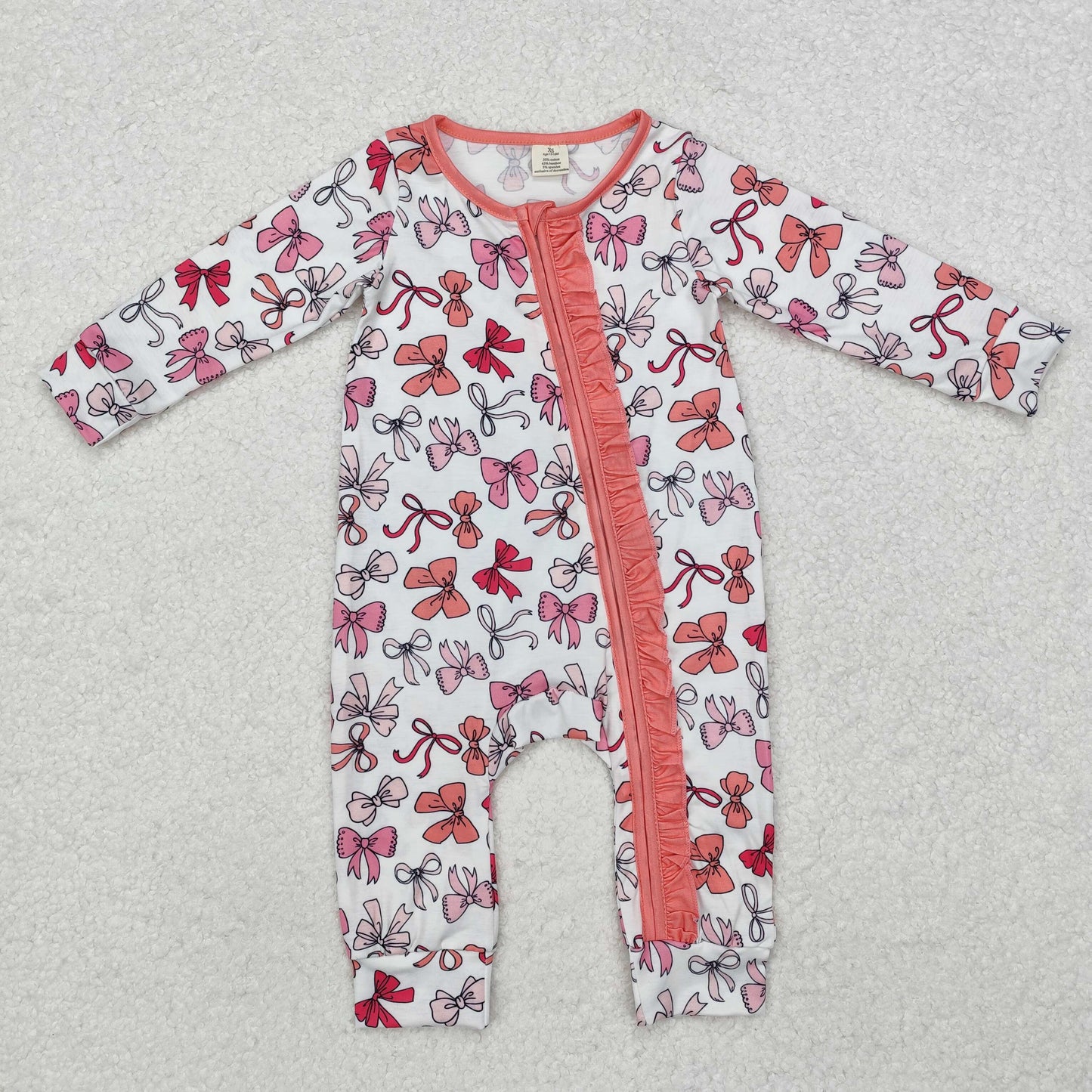 LR1905 Pink Bows Print Baby Girls Bamboo Sleeper Zipper Romper