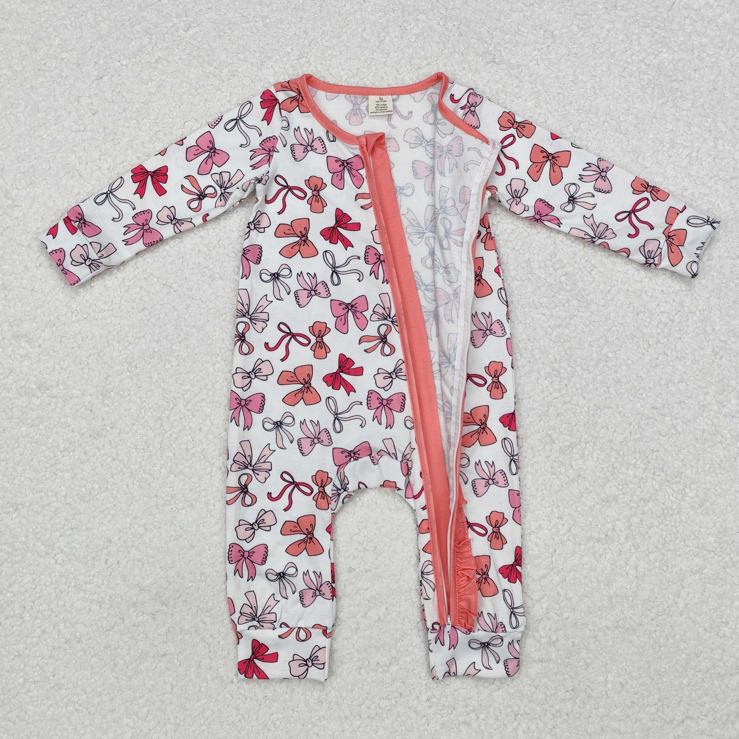 LR1905 Pink Bows Print Baby Girls Bamboo Sleeper Zipper Romper