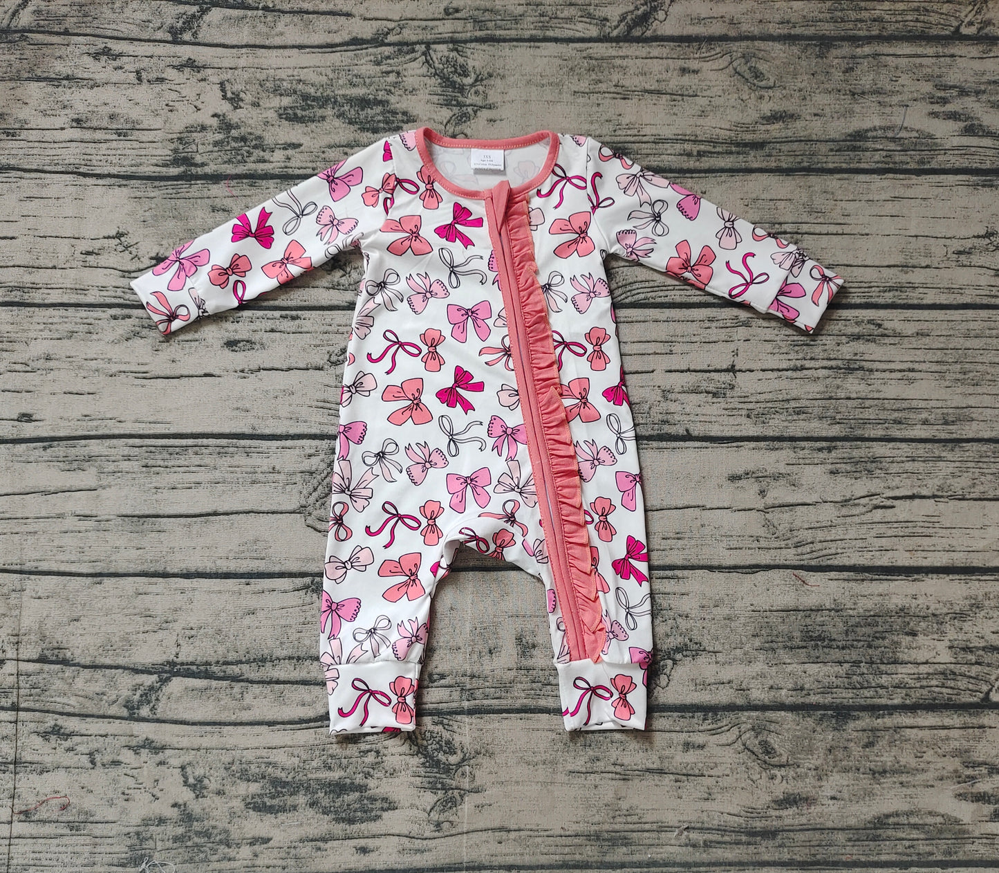 (Pre-order)LR1905 Pink Bows Print Baby Girls Fall Sleeper Zipper Romper