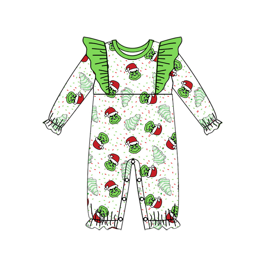 (Pre-order)LR1906 Debbie Cake Green Frog Print Baby Girls Christmas Romper