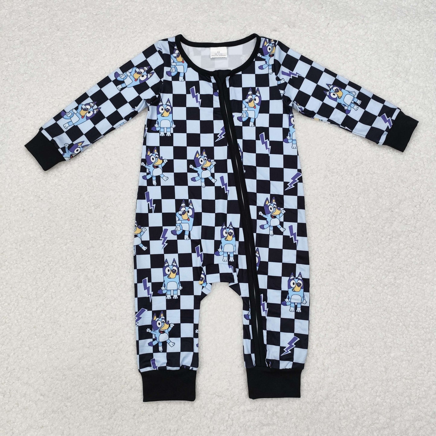 LR1910 Black Plaid Cartoon Dog Print Baby Sleeper Zipper Romper