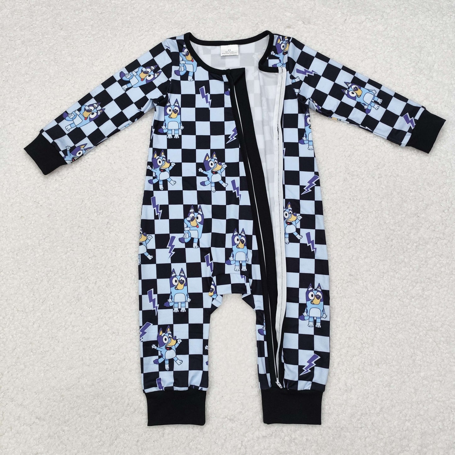 LR1910 Black Plaid Cartoon Dog Print Baby Sleeper Zipper Romper