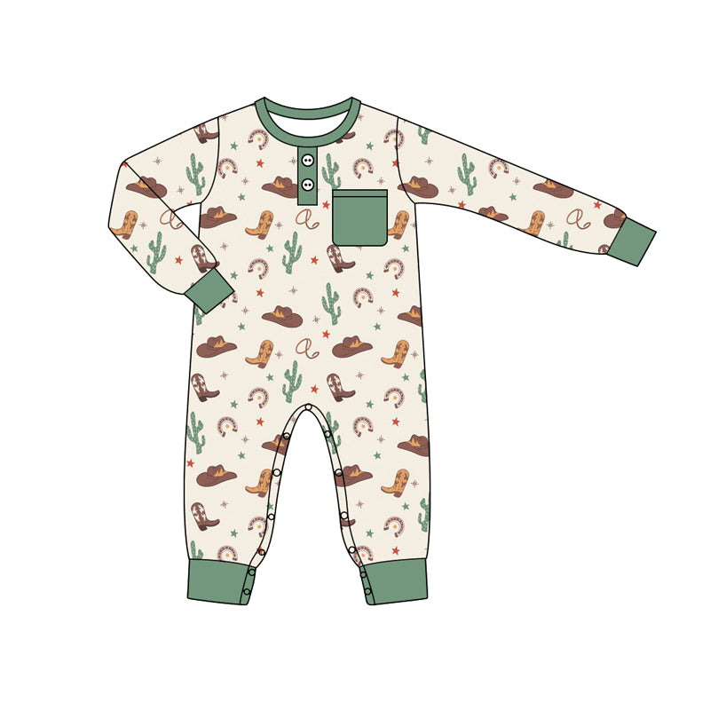 (Pre-order)LR1911 Cactus Boots Hat Print Baby Boys Fall Western Romper