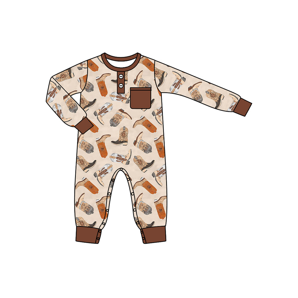 (Pre-order)LR1912 Boots Brown Print Baby Boys Fall Western Romper