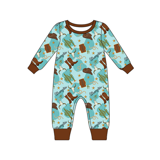 (Pre-order)LR1914 Skull Cactus Boots Hat Print Baby Boys Fall Western Romper