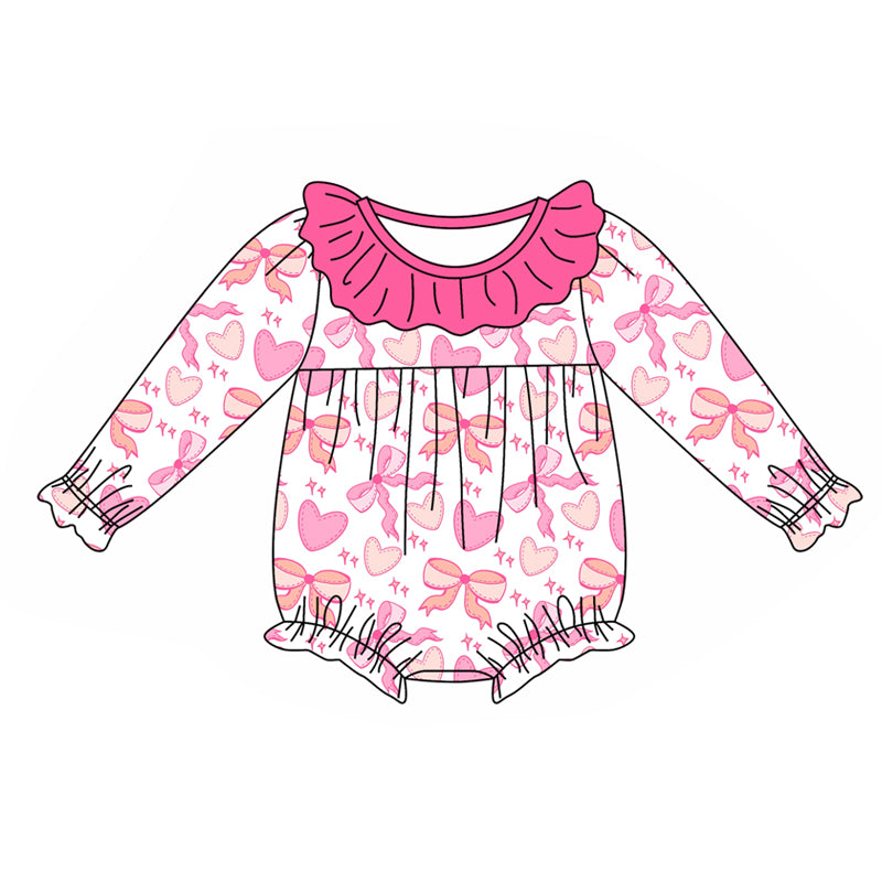 (Pre-order)LR1915 Pink Bows Heart Print Baby Girls Romper