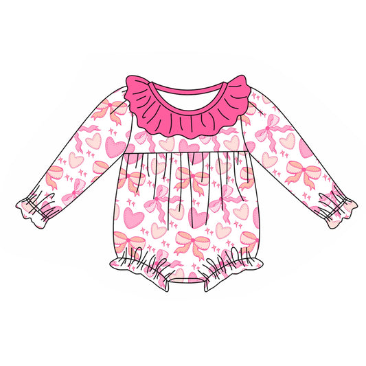 (Pre-order)LR1915 Pink Bows Heart Print Baby Girls Romper