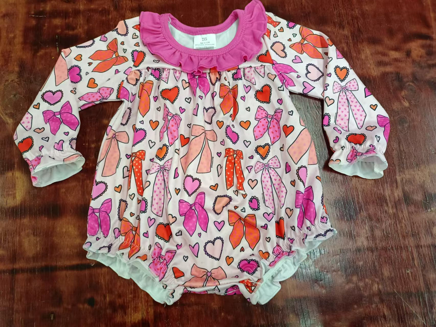 (Custom Design Preorder MOQ 3)  Hotpink Bows Heart Print Baby Girls Romper