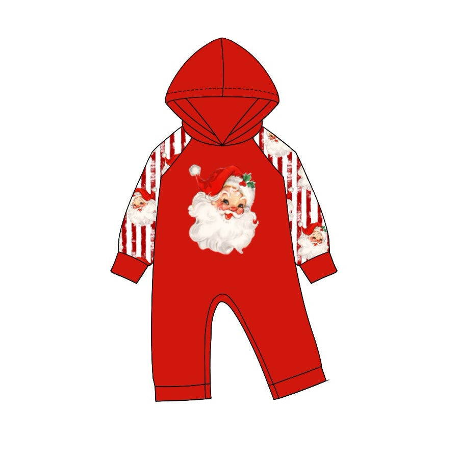 (Pre-order)LR1919 Santa Red Print Baby Boys Christmas Hoodie Romper