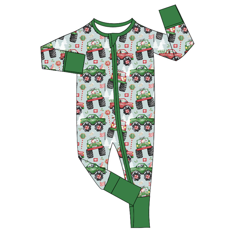 (Pre-order)LR1923 Monster Truck Santa Print Baby Boys Christmas Sleeper Zipper Romper