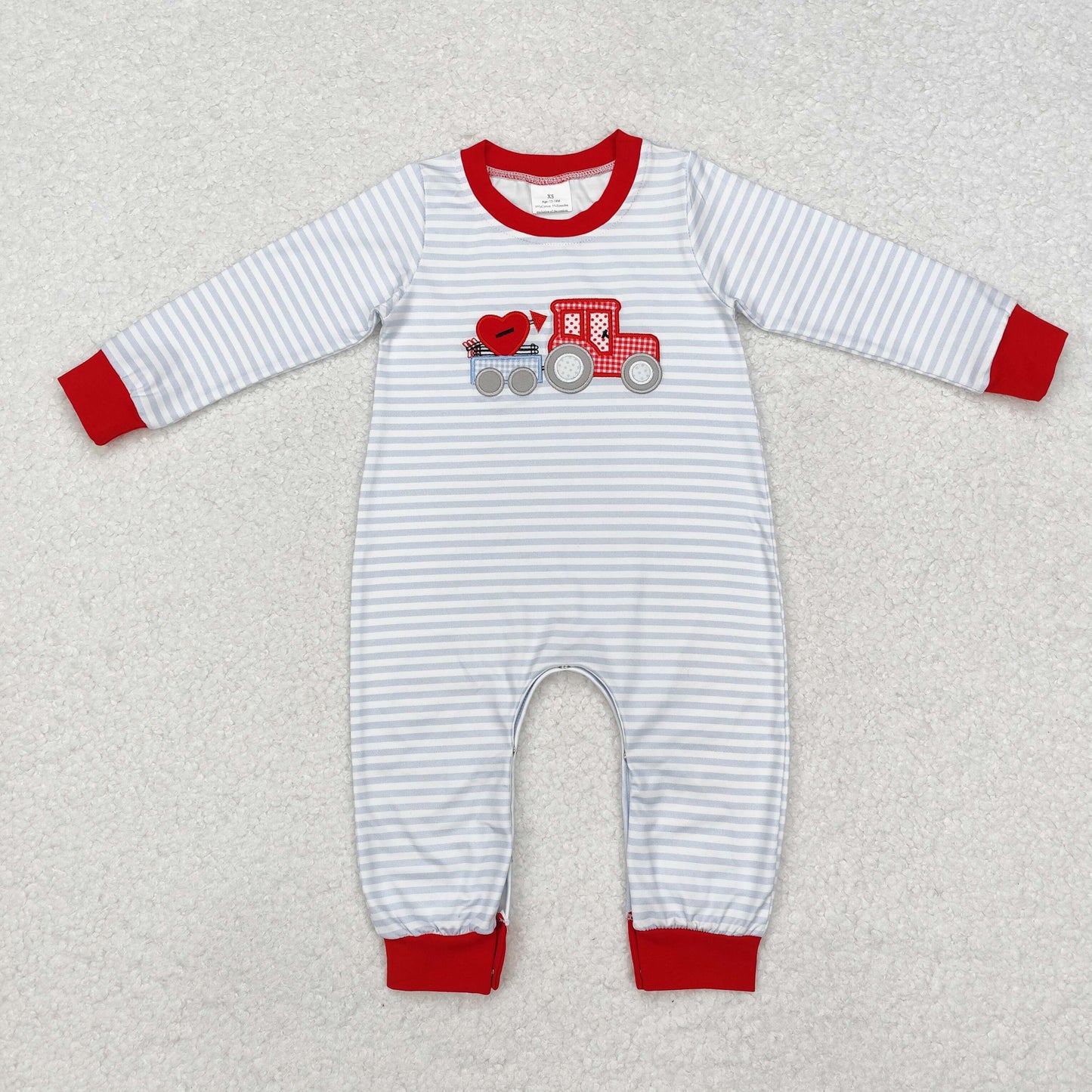 LR1924 Tractors Heart Embroidery Stripes Print Baby Boys Valentine's Day Romper