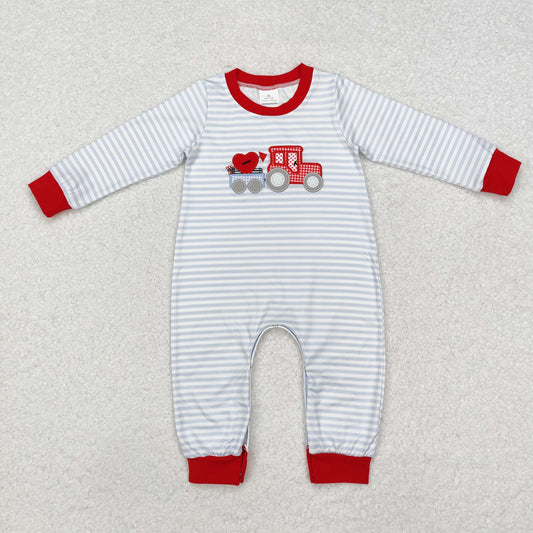 LR1924 Tractors Heart Embroidery Stripes Print Baby Boys Valentine's Day Romper