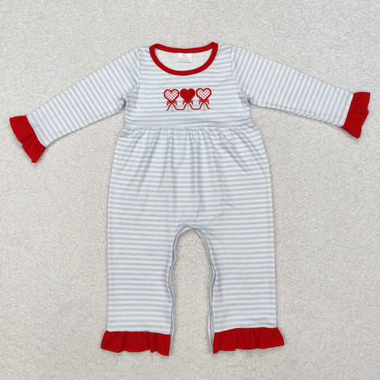 LR1925 Heart Embroidery Stripes Print Baby Girls Valentine's Day Romper