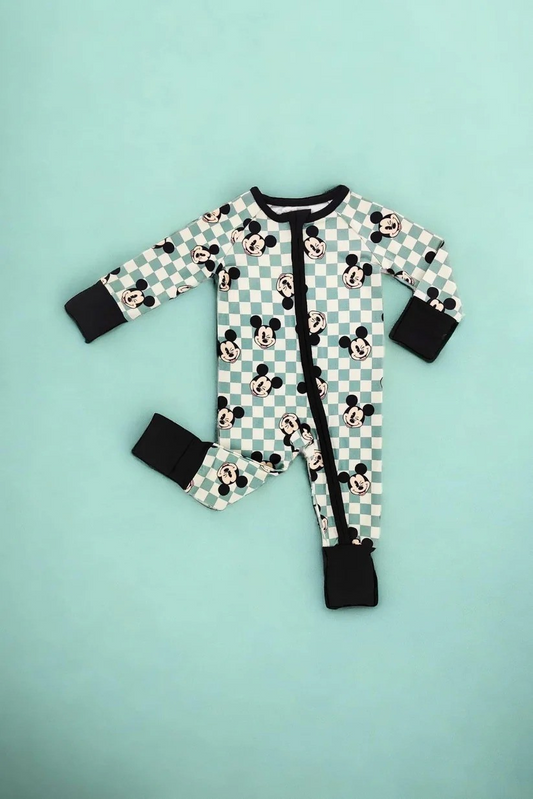 (Pre-order)LR1929 Cartoon Mouse Plaid Print Baby Boys Fall Sleeper Zipper Romper