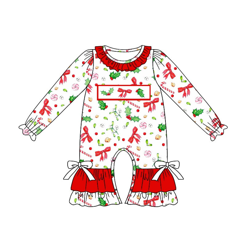 (Pre-order)LR1931 Holly Bows Candy Cane Print Baby Girls Christmas Romper