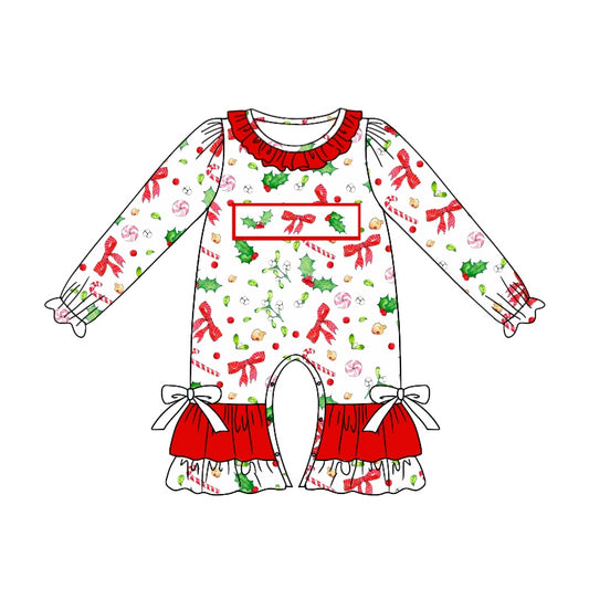 (Pre-order)LR1931 Holly Bows Candy Cane Print Baby Girls Christmas Romper