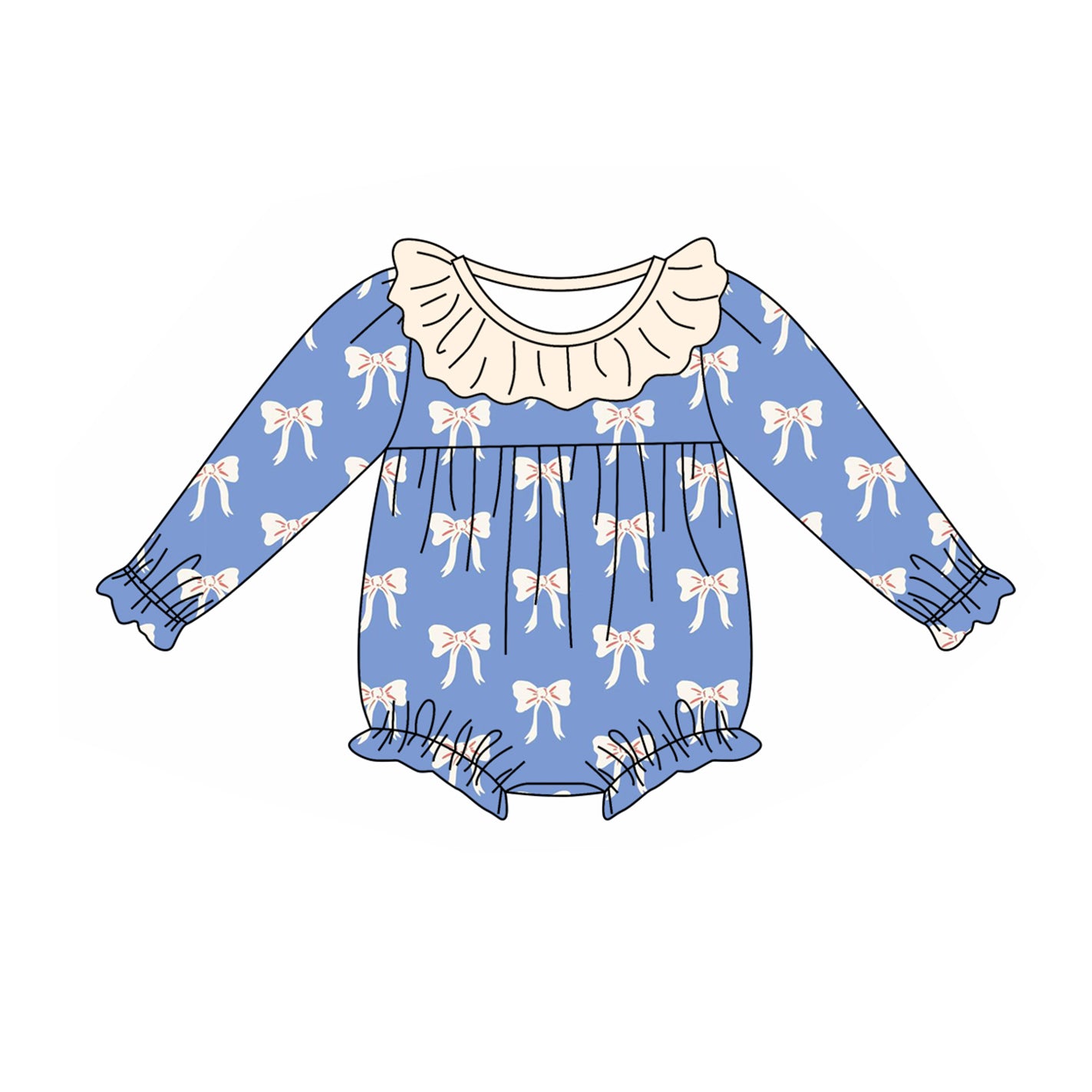 (Pre-order)LR1941 Blue Bows Print Baby Girls Fall Romper