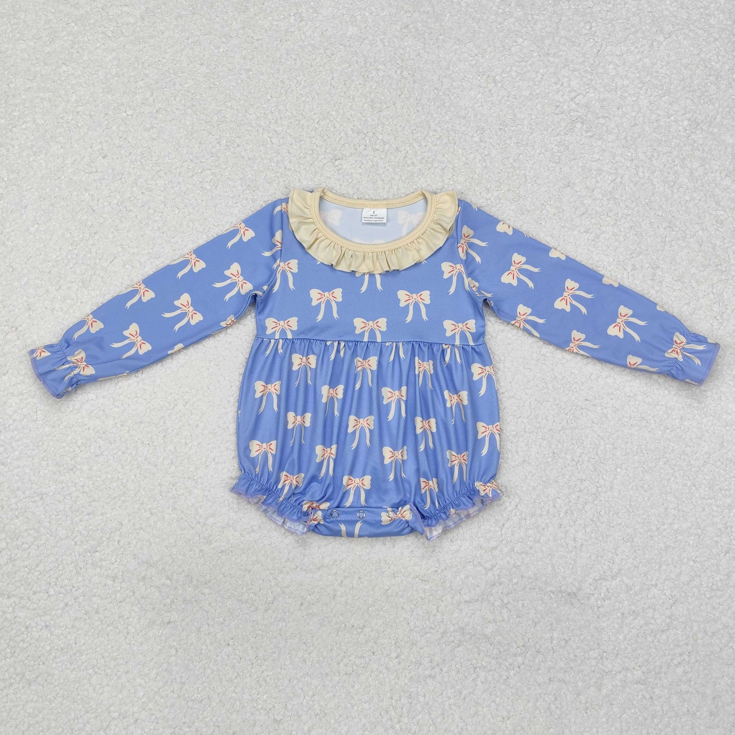 LR1941 Blue Bows Print Baby Girls Fall Romper