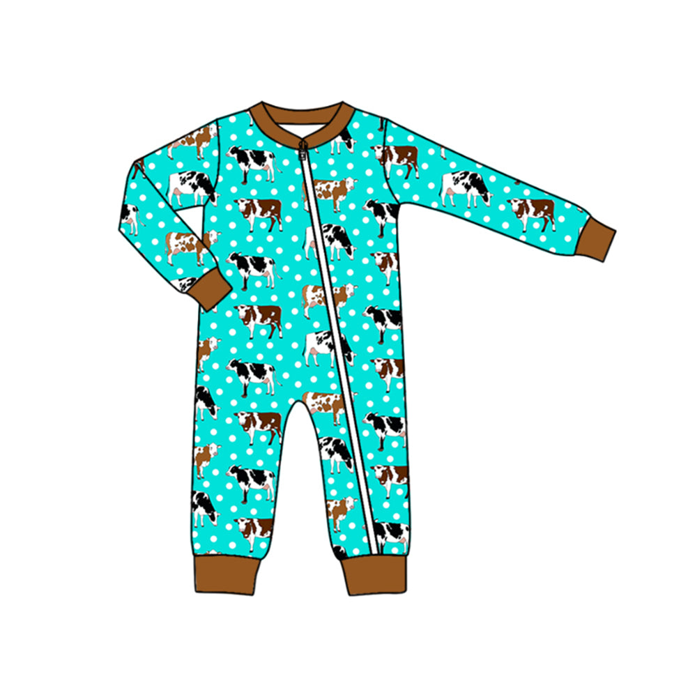 (Pre-order)LR1943 Cows Dots Print Baby Boys Fall Sleeper Zipper Romper