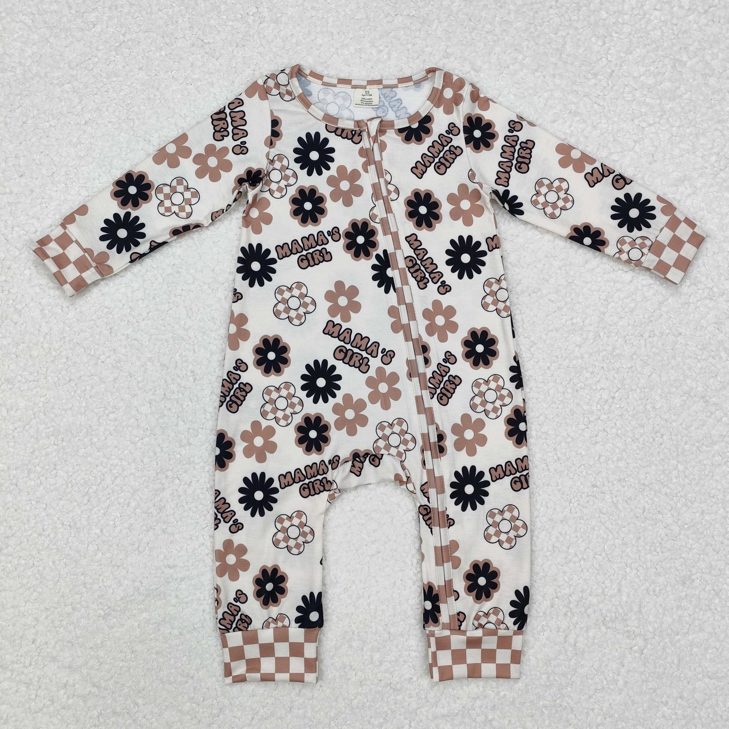 LR1951 MAMA'S GIRL Flowers Brown Print Baby Girls Fall Sleeper Zipper Romper