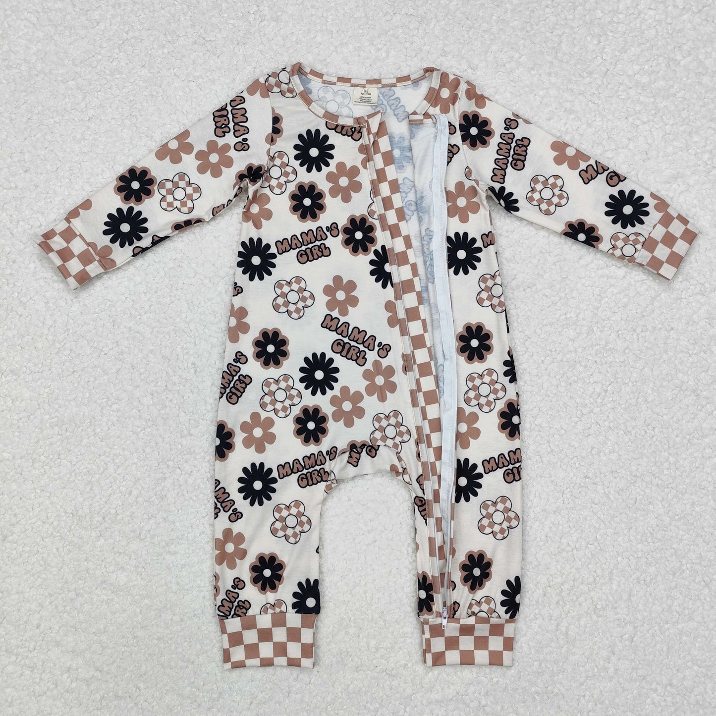 LR1951 MAMA'S GIRL Flowers Brown Print Baby Girls Fall Sleeper Zipper Romper