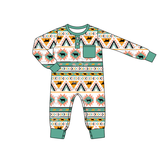 (Pre-order)LR1953 Aztec Green Print Baby Boys Fall Western Romper