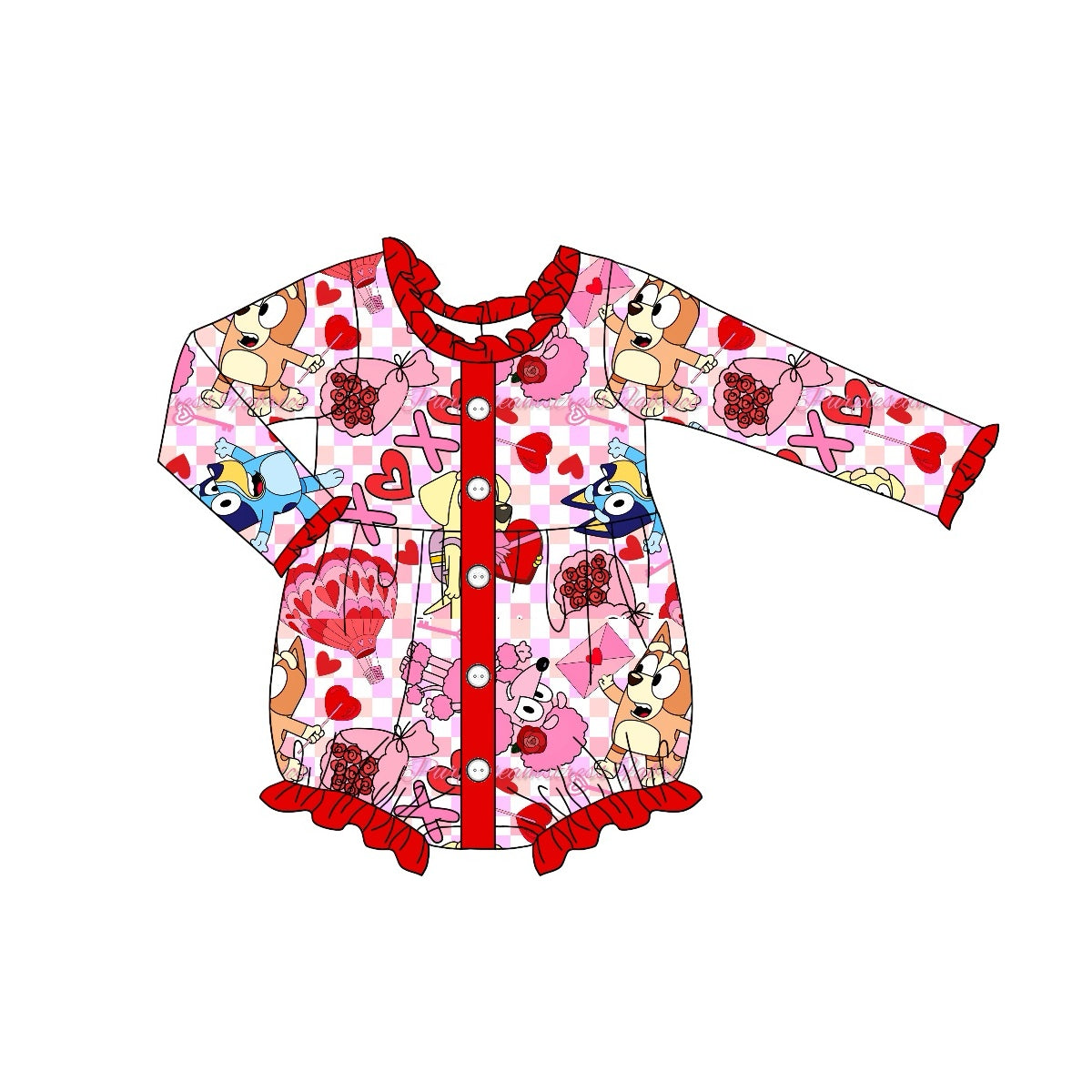 (Pre-order)LR1955 Cartoon Dog Heart XOXO Print Baby Girls Valentine's Day Romper