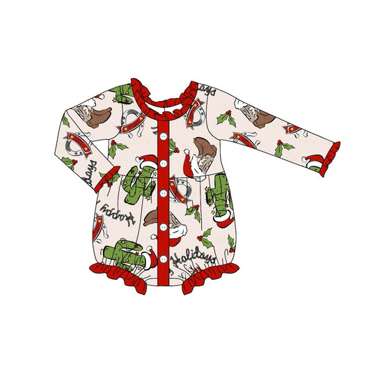 (Pre-order)LR1956 Boots Cactus Holly Print Baby Girls Christmas Romper