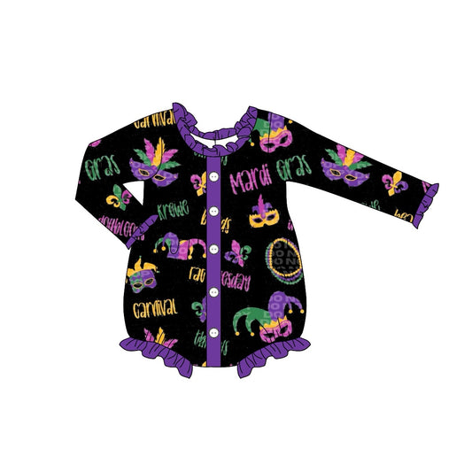 (Pre-order)LR1959 Mask Purple Print Baby Girls Mardi Gras Romper