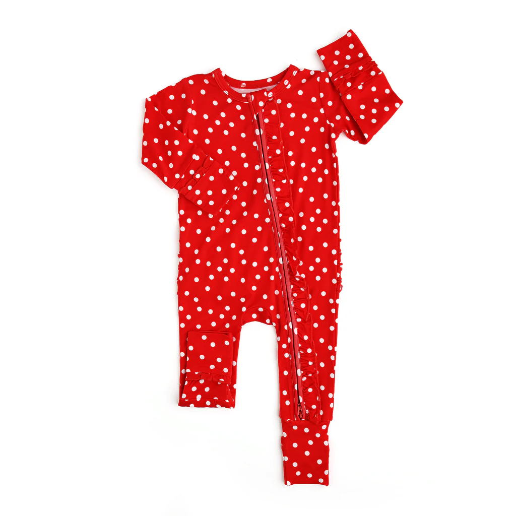 (Pre-order)LR1960 Red Dots Print Baby Girls Christmas Sleeper Zipper Romper