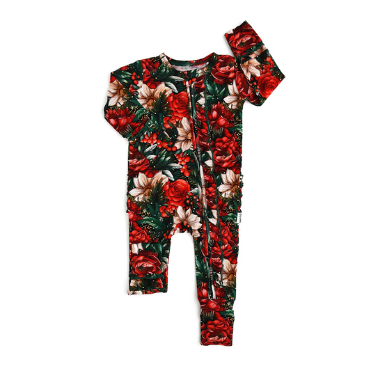 (Pre-order)LR1961 Red Flowers Print Baby Girls Christmas Sleeper Zipper Romper