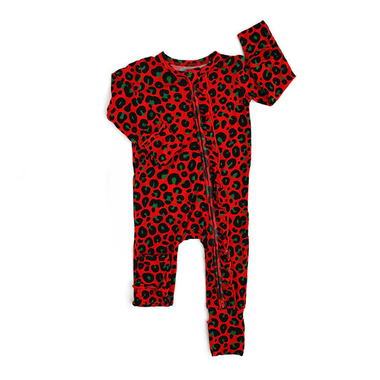 (Pre-order)LR1962 Green Red Leopard Print Baby Girls Christmas Sleeper Zipper Romper