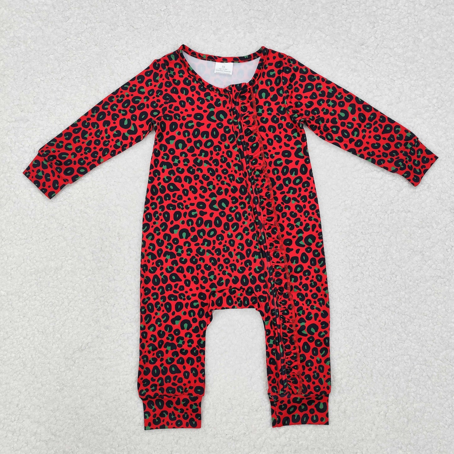 LR1962 Green Red Leopard Print Baby Girls Sleeper Zipper Romper